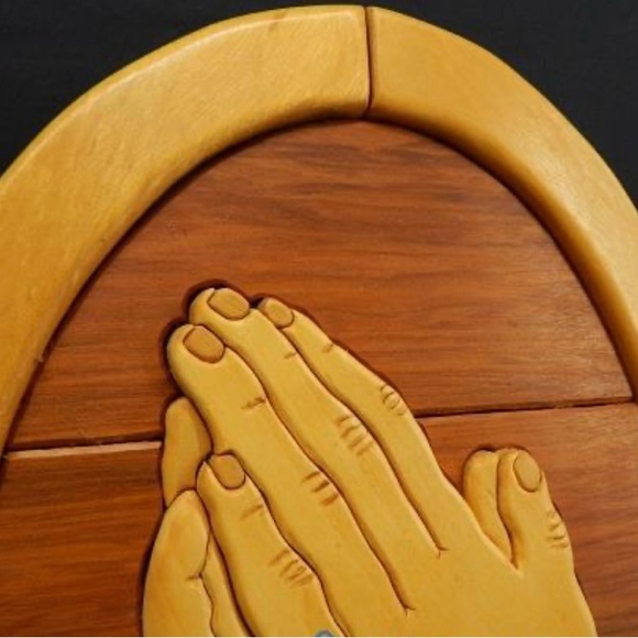 Wooden Intarsia 3D Hand Carved Praying Hands Wall Art - Picture 2 of 6